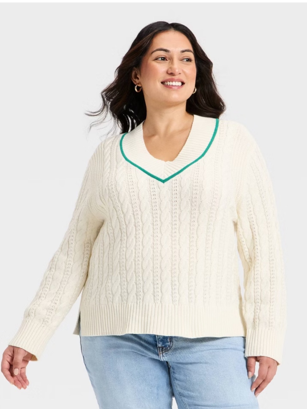 Ava & Viv Cream Cable-Knit V-Neck Sweater with Green Trim